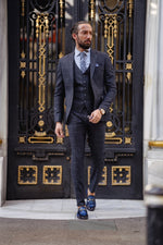 Load image into Gallery viewer, Bojoni  Matera Navy Blue Slim Fit Notch Lapel 3 Piece Check Suit
