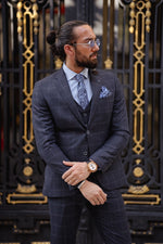 Load image into Gallery viewer, Bojoni  Matera Navy Blue Slim Fit Notch Lapel 3 Piece Check Suit
