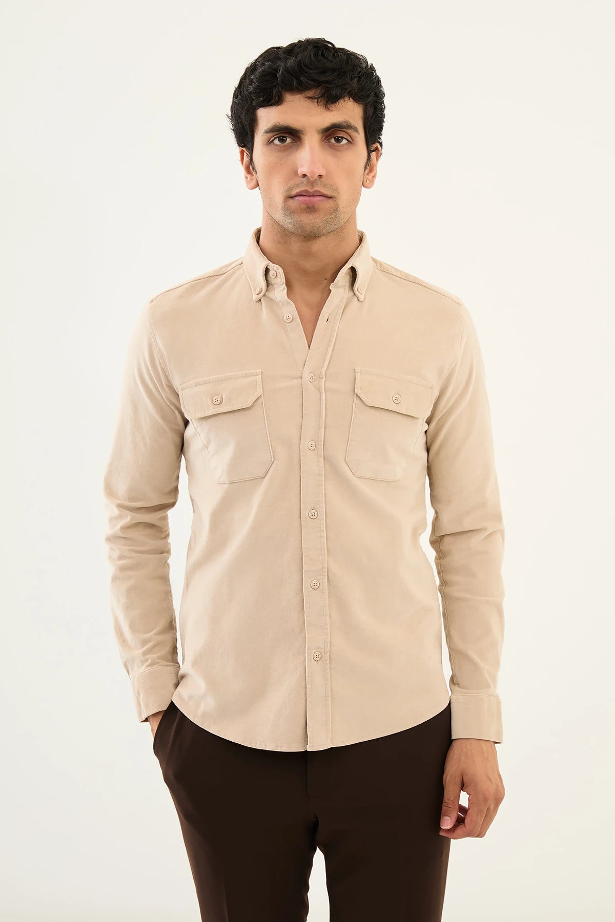 Bojoni Capena Hidden Button Slim Fit Beige Velvet Shirt