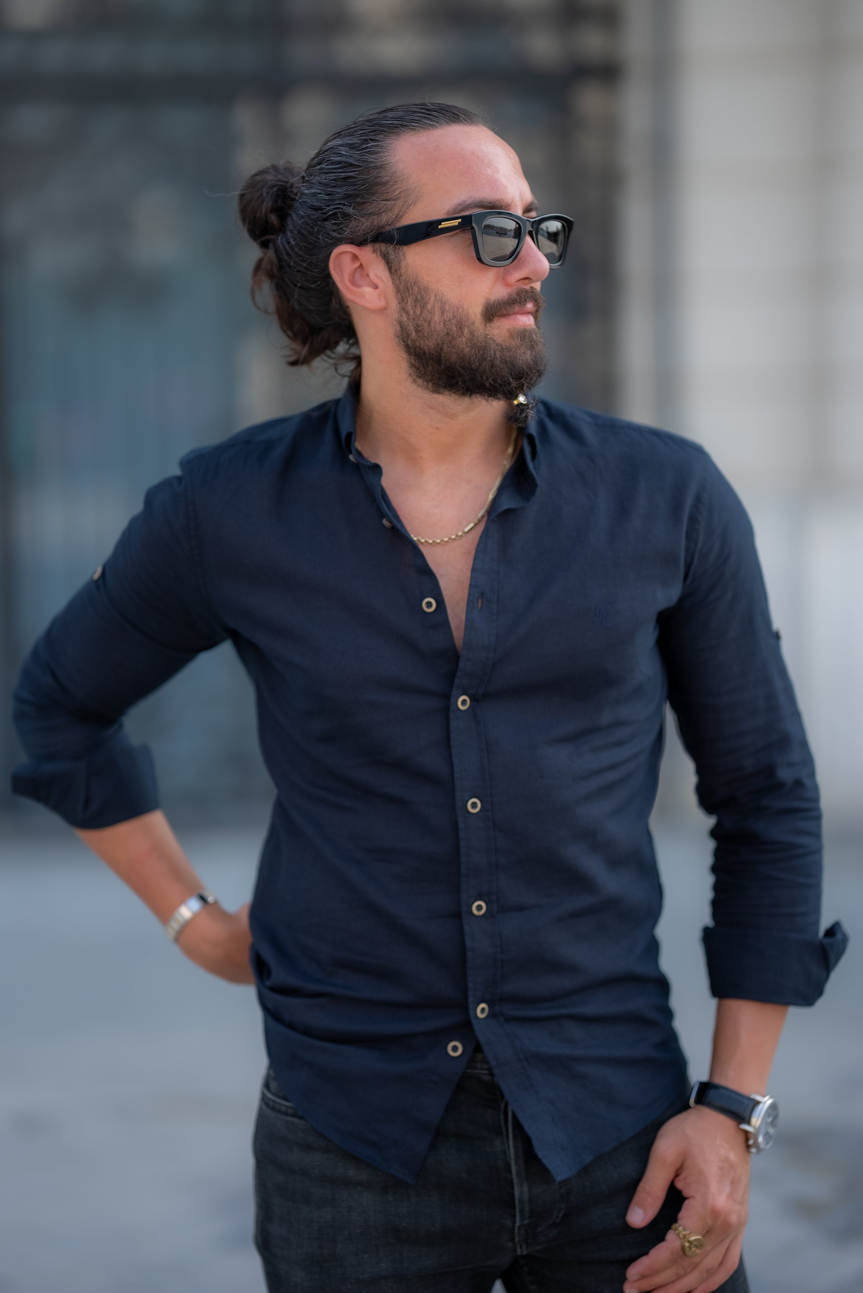 Bojoni Marelli Navy Blue Slim Fit Linen Shirt