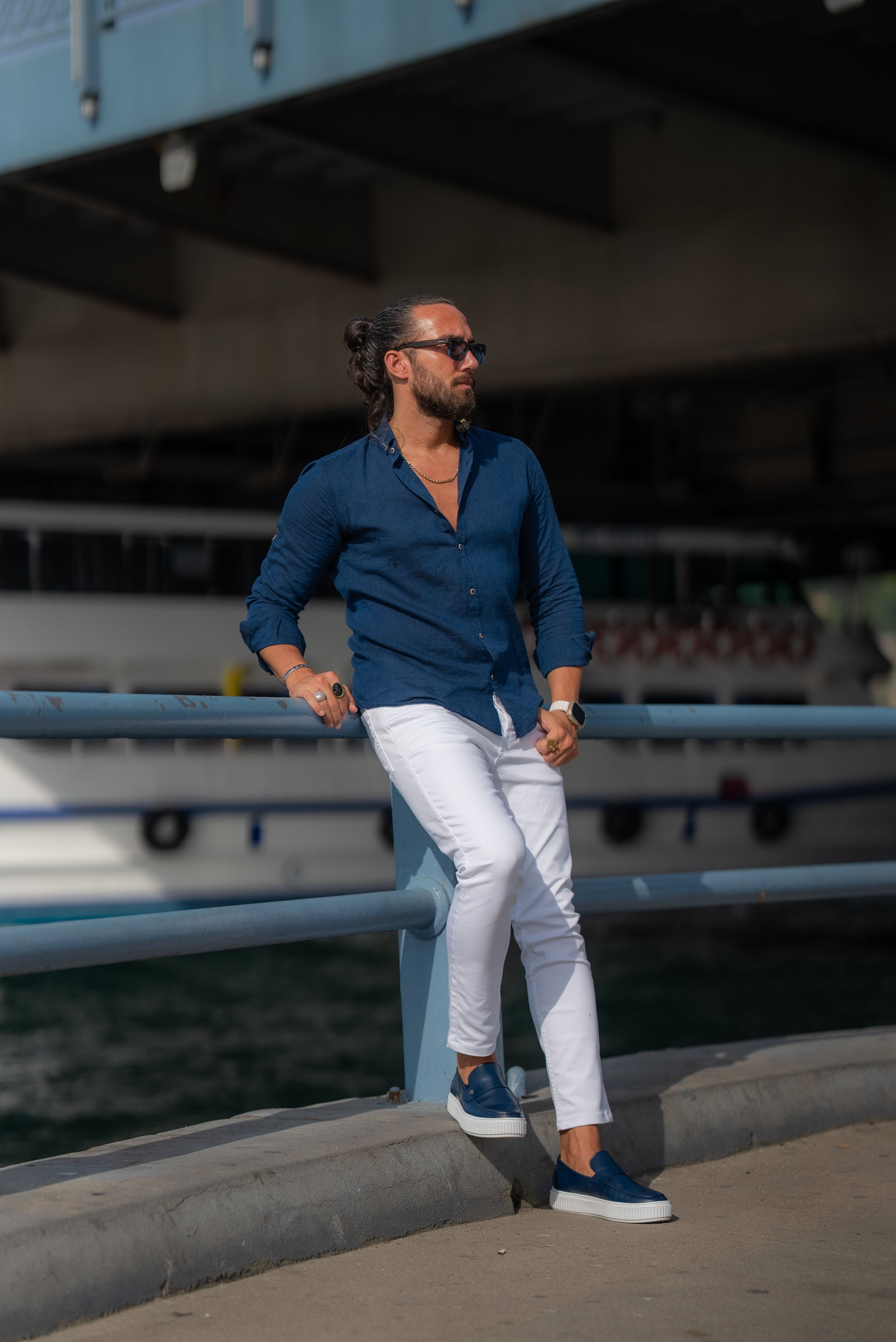 Bojoni Marelli Blue Slim Fit Linen Shirt