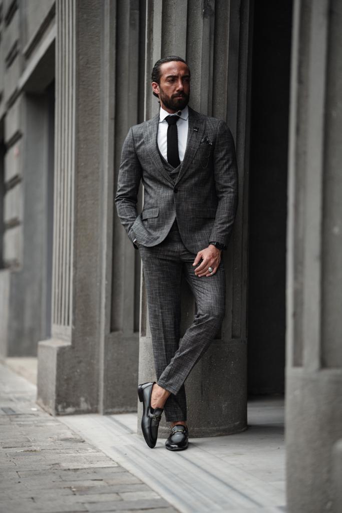 Bojoni Serra Dark Gray Slim Fit Crosshatch Suit