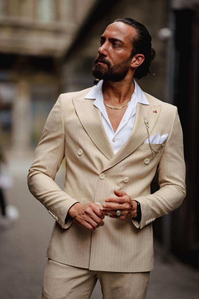 Bojoni Serra Beige Slim Fit Double Breasted Pinstripe Suit