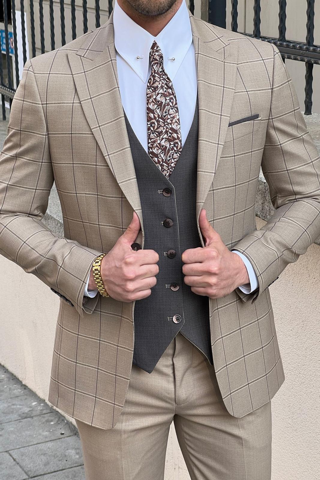 Bojoni Ravenna  Slim Fit Plaid Beige Woolen Combination Suit