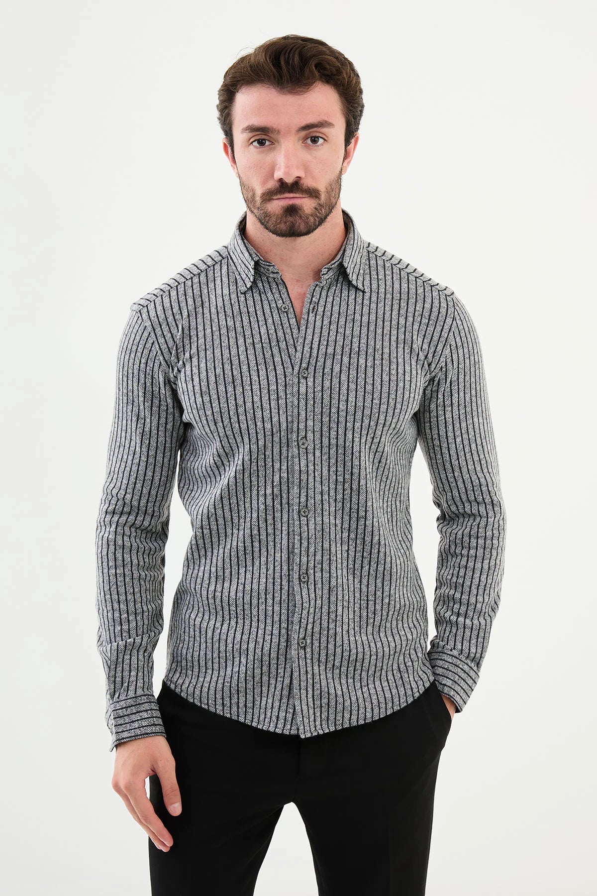 Bojoni Capena Collar Slim Fit  Gray Pointed Shirt