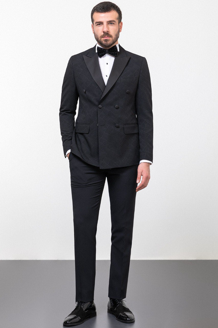 Bojoni Trivento Black Slim Fit Double Breasted Suit Tuxedo