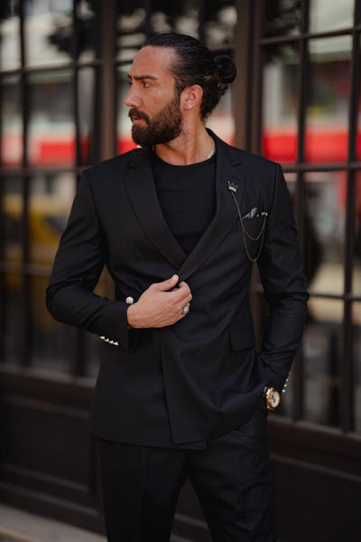 Bojoni Serra Black Slim Fit Double Breasted Short Sleeve Suit | BOJONI