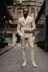 Bojoni Serra Beige Slim Fit Double Breasted Pinstripe Suit