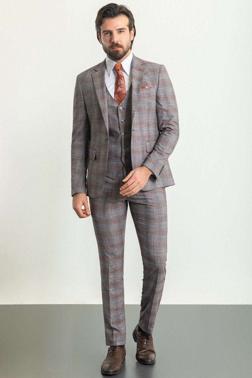 Bojoni Trivento Gray & Orange Plaid Slim Fit Suit