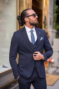 Bojoni Bath Navy Blue Slim Fit Notch Lapel 3 Piece Suit