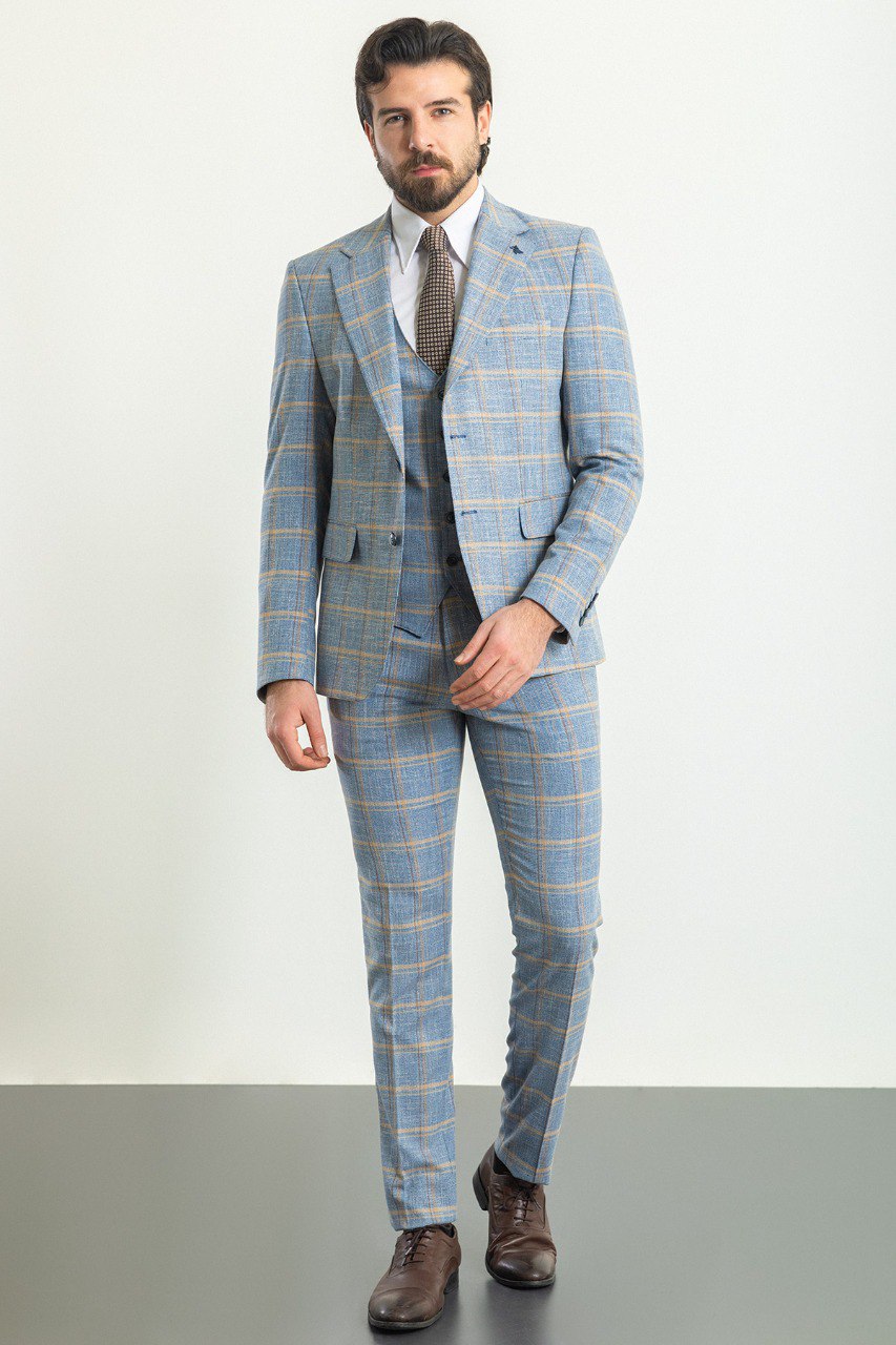 Bojoni Trivento Sky Blue Plaid Slim Fit Suit