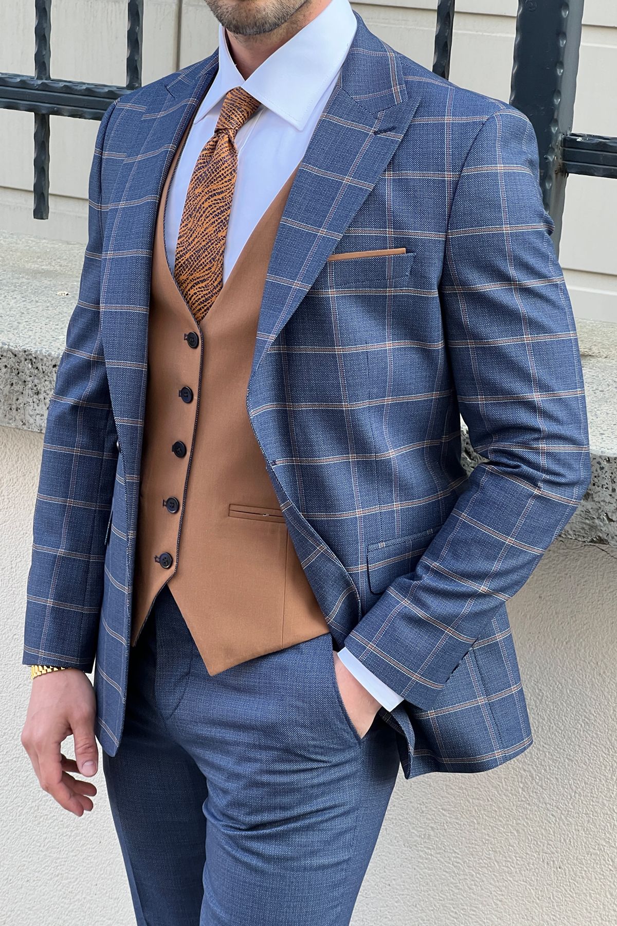 Bojoni Ravenna Slim Fit Plaid Navy Blue Wool Combination Suit BOJONI