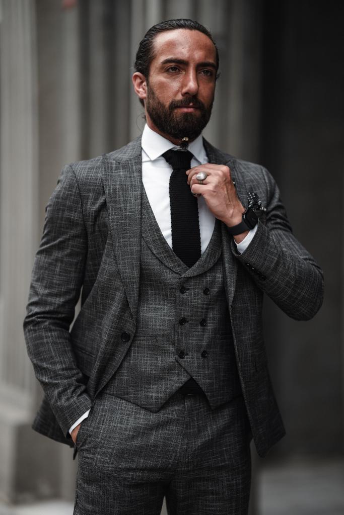 Bojoni Serra Dark Gray Slim Fit Crosshatch Suit | BOJONI Bojoni Serra Dark Gray Slim Fit Crosshatch Suit | BOJONI