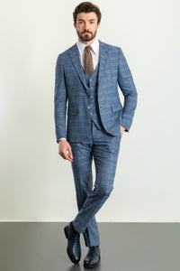 Bojoni Trivento Blue Plaid Patterned  Slim Fit Suit