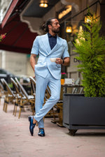 Load image into Gallery viewer, Bojoni Serra  Sky Blue Slim Fit Double Breasted Short Sleeve Suit
