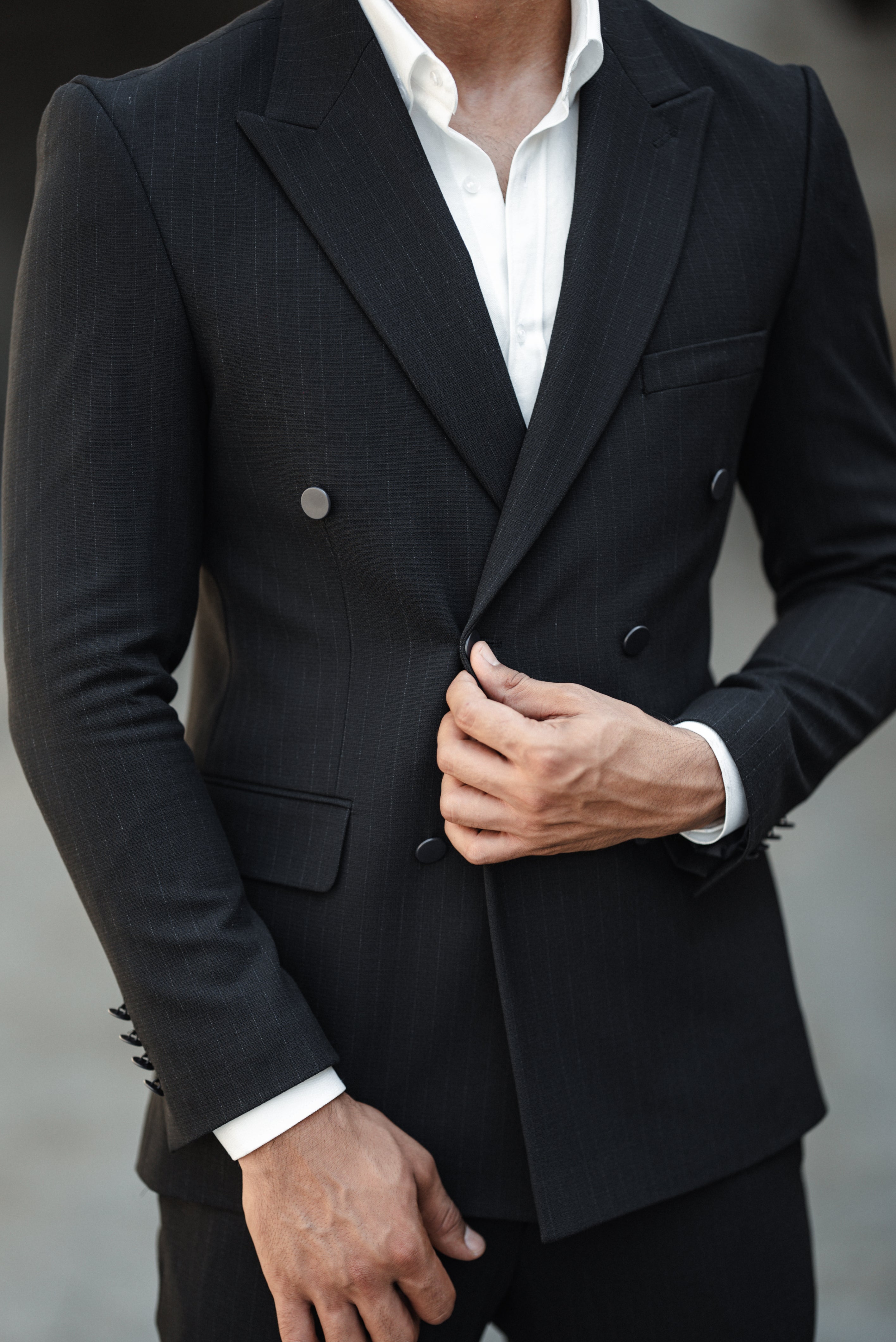 Bojoni Bond Black Slim Fit 2 Piece Pinstripe Double Breasted Suit