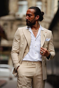 Bojoni Serra Beige Slim Fit Double Breasted Pinstripe Suit