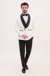 Bojoni Trivento White  Royal Slim Fit Shawl Collar Striped Suit Tuxedo