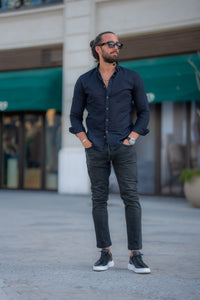 Bojoni Marelli Navy Blue Slim Fit Linen Shirt