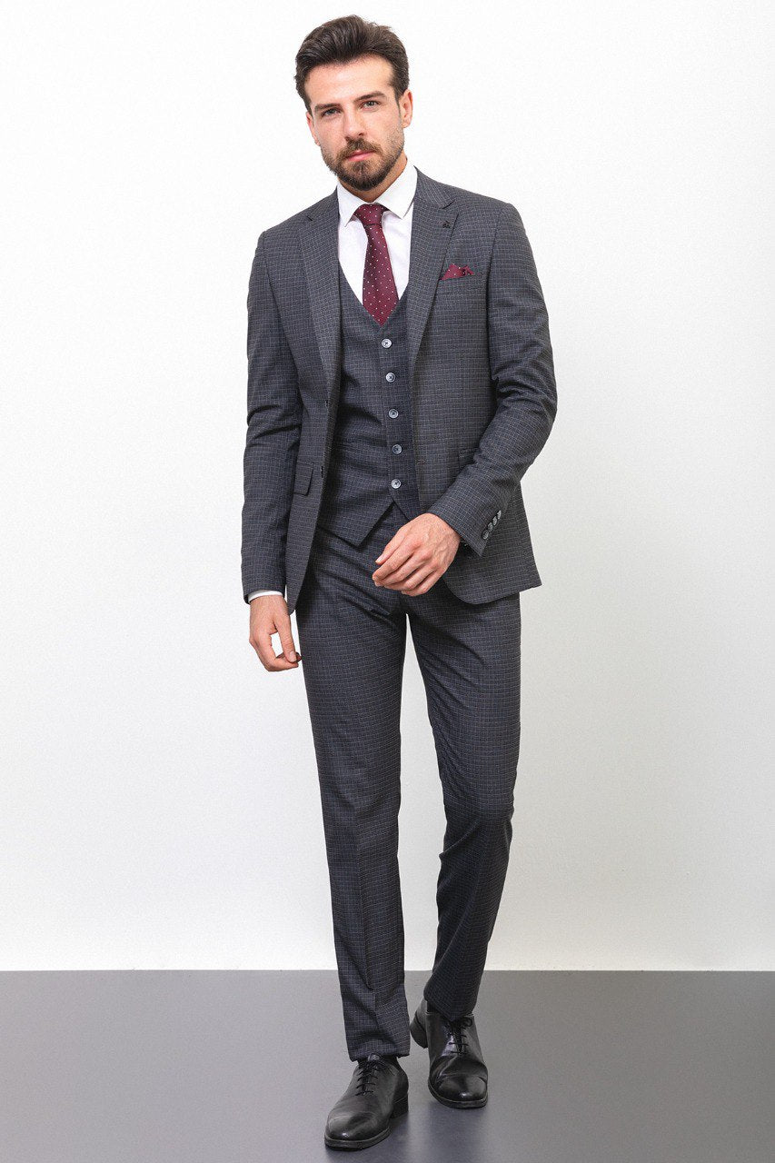 Bojoni Trivento Dark Gray Checked Slim Fit Suit