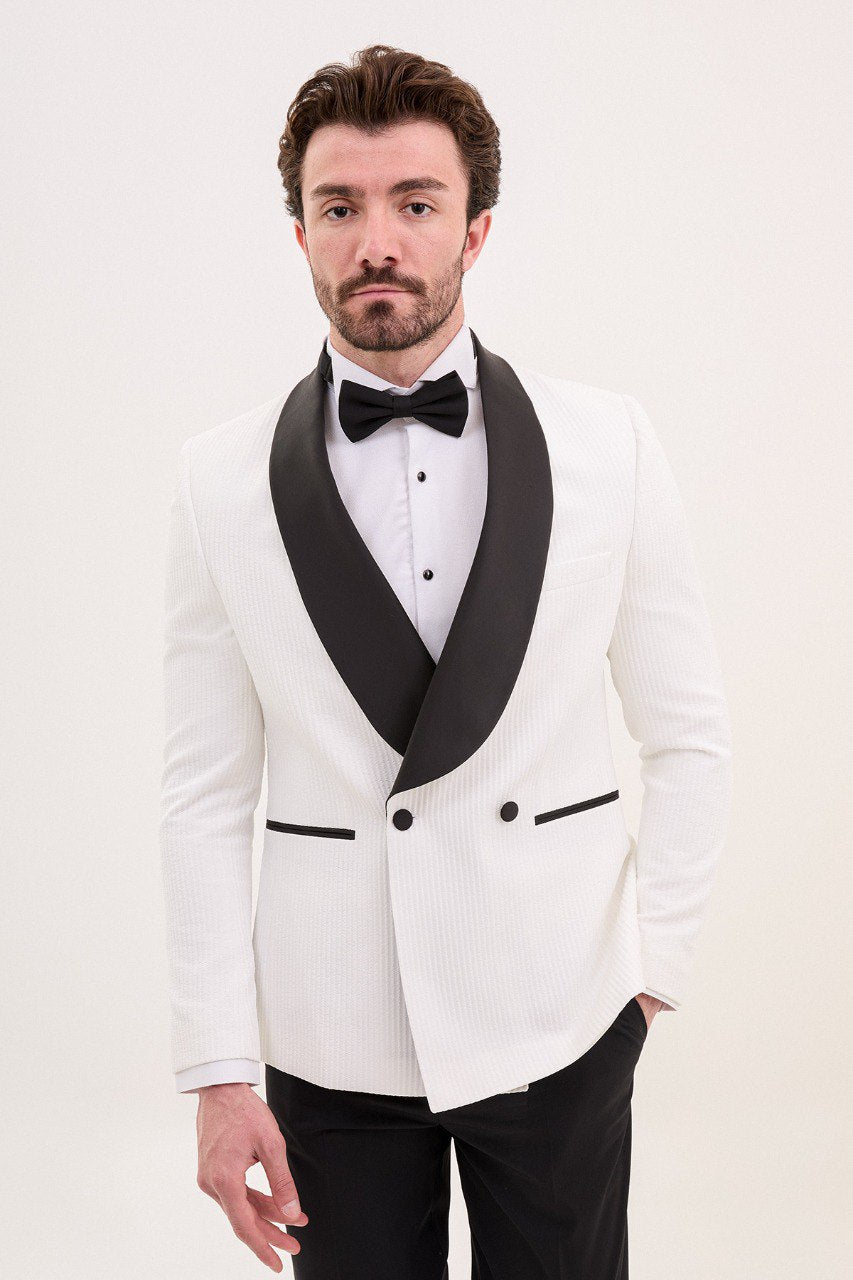 Bojoni Trivento White  Royal Slim Fit Shawl Collar Striped Suit Tuxedo