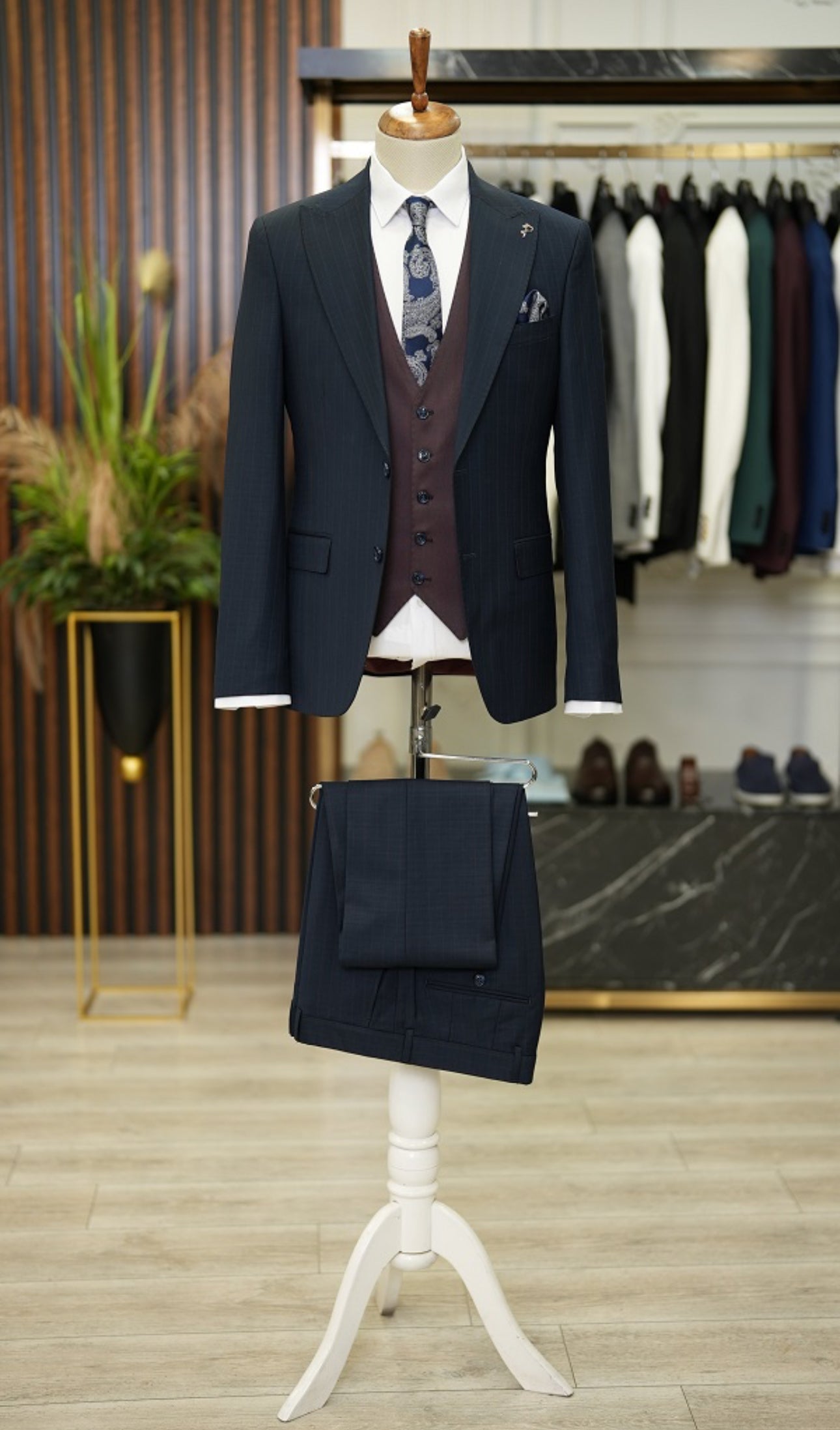 Bojoni Manly Navy Blue Slim Fit Pinstripe Combination Suit