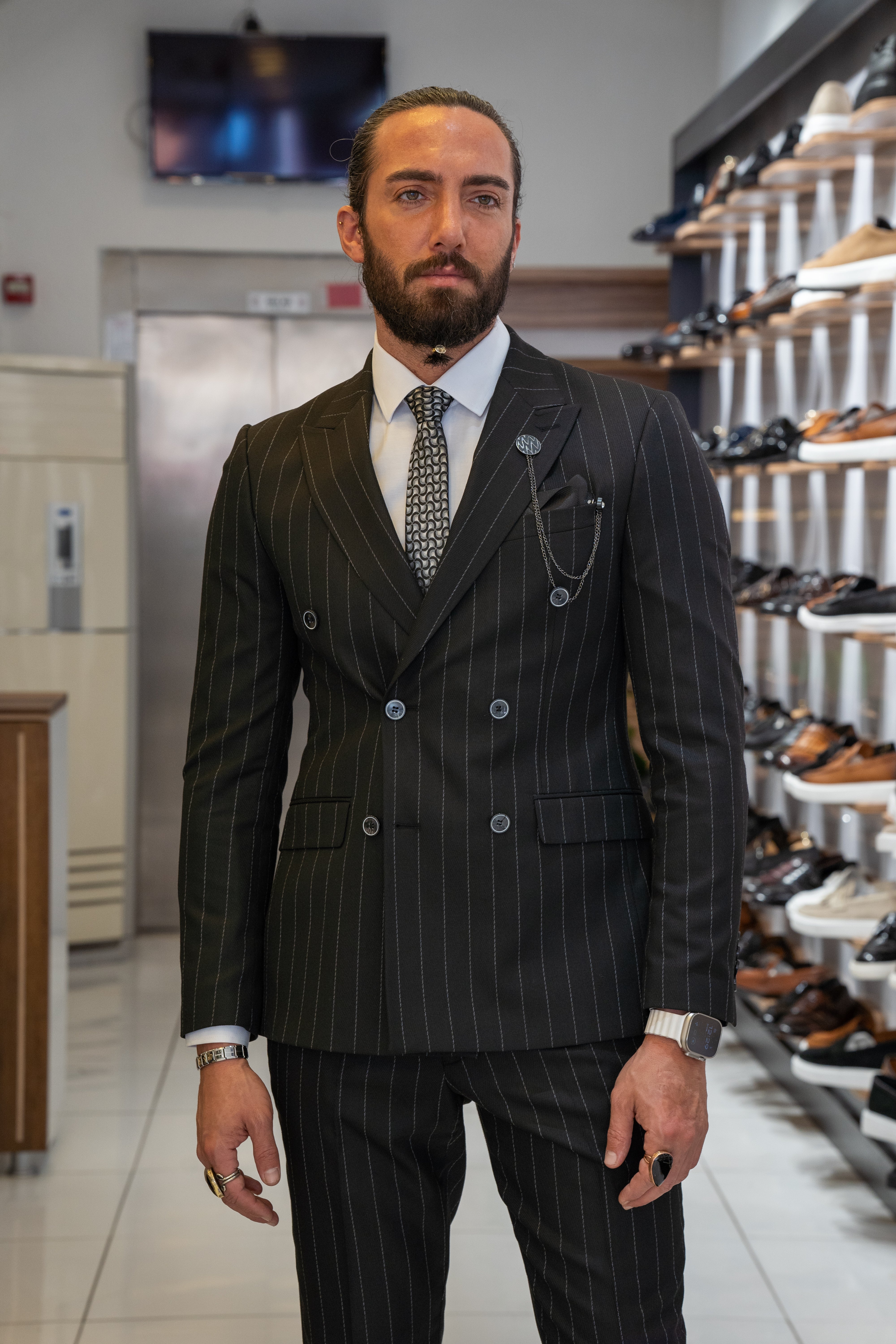 Bojoni Black Slim Fit 2 Piece Pinstripe Double Breasted Suit