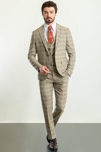 Bojoni Trivento Camel Plaid Patterned Slim Fit Suit