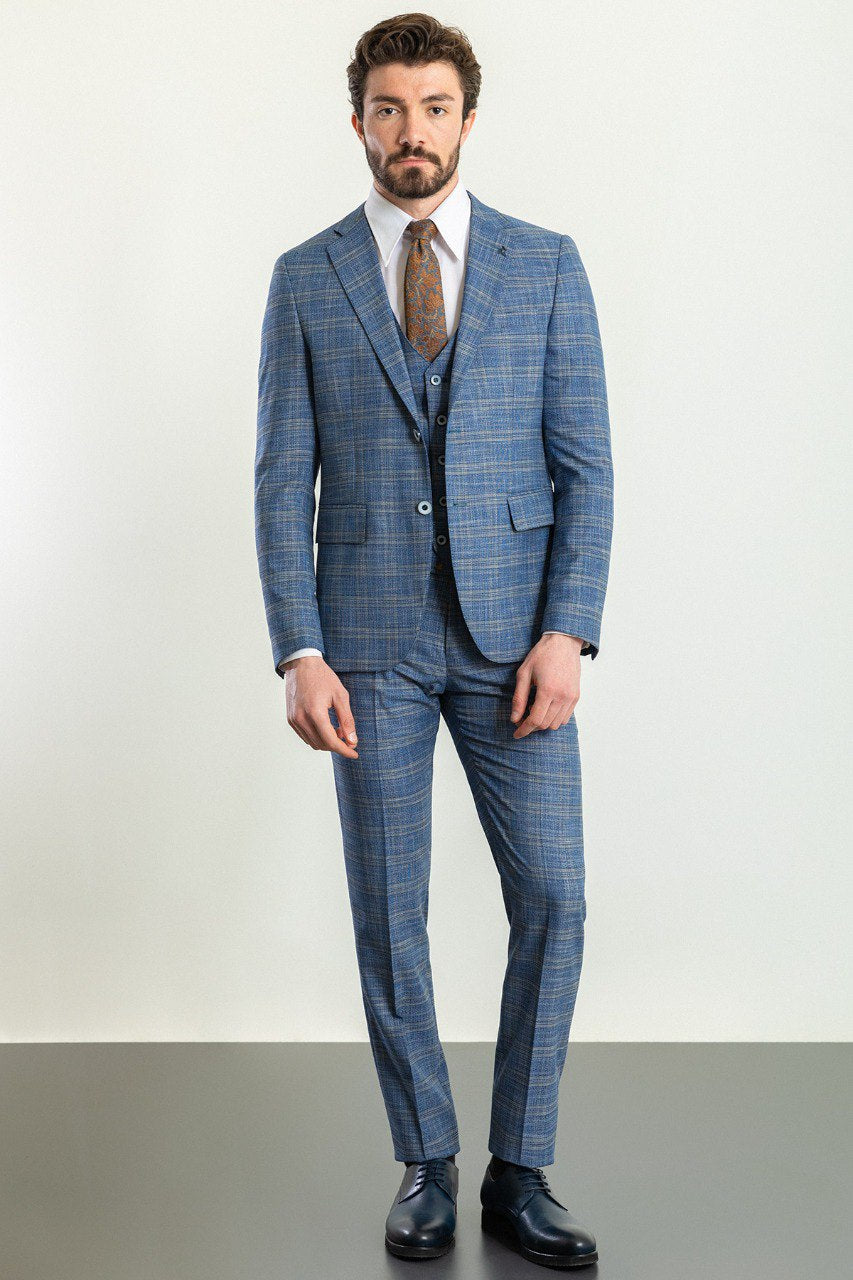 Bojoni Trivento Blue Plaid Patterned  Slim Fit Suit