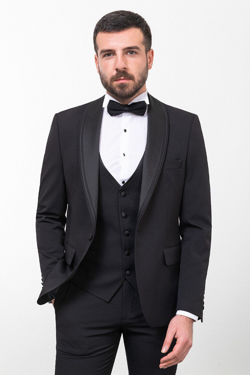 Bojoni Trivento Black Slim Fit Shawl Collar Suit Tuxedo