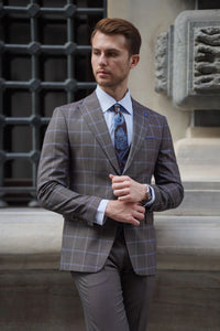 Bojoni Ravenna Slim Fit Plaid Brown Wool Combination Suit