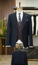 Load image into Gallery viewer, Bojoni Manly Navy Blue Slim Fit Pinstripe Combination Suit
