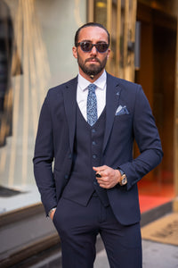 Bojoni Bath Navy Blue Slim Fit Notch Lapel 3 Piece Suit