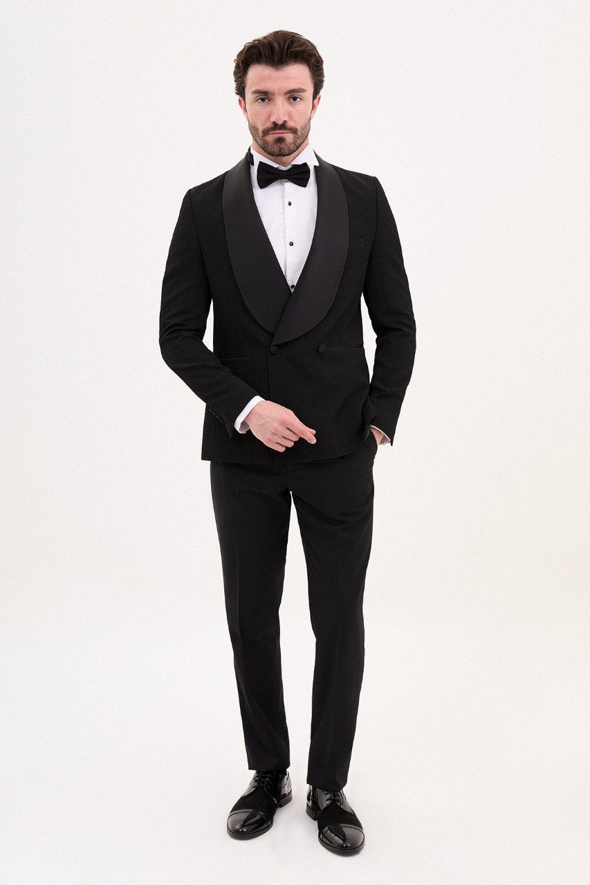 Bojoni Trivento Black Royal Slim Fit Shawl Collar Striped Suit Tuxedo