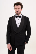 Load image into Gallery viewer, Bojoni Trivento Black Royal Slim Fit Shawl Collar Striped Suit Tuxedo
