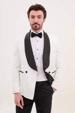 Load image into Gallery viewer, Bojoni Trivento White  Royal Slim Fit Shawl Collar Striped Suit Tuxedo
