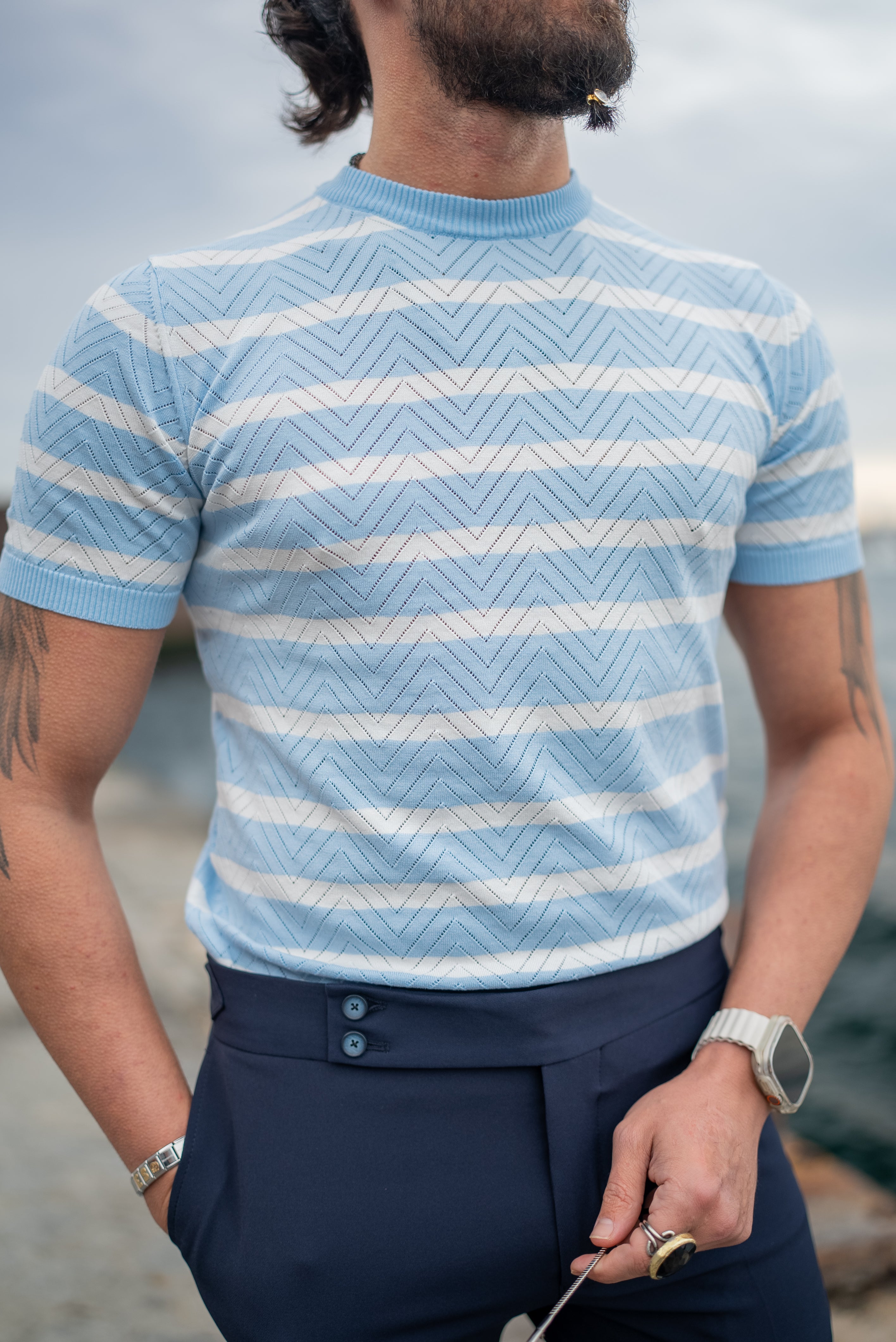 Bojoni Bath Blue Crewneck Striped T-Shirt