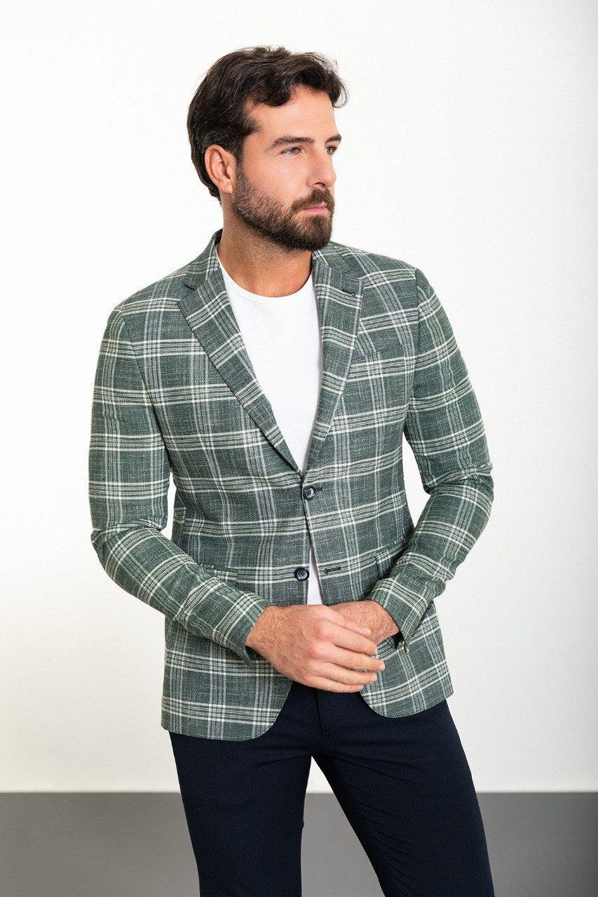 Bojoni Torretta Slim Fit Green Plaid Blazer