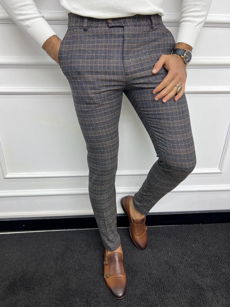 Leon Slim Fit Plaid Striped Blue Pants BOJONI