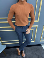 Load image into Gallery viewer, Thread Slim Fit Custom Design Half Collared Textured Camel Turtleneck
