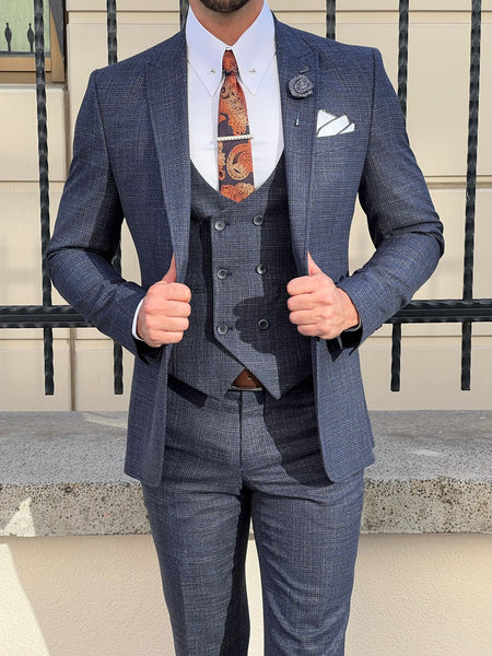 Boulder Gray Checks-Plaid Premium wool blend Double Breasted Suit For Men.