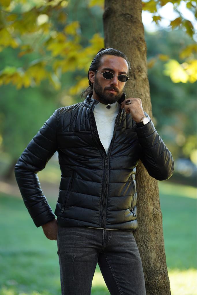 Thread Slim Fit Black Faux Leather Jacket | BOJONI