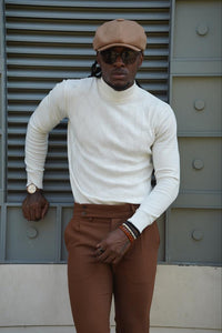 Thread Slim Fit Custom Design Half Turtleneck White Sweater