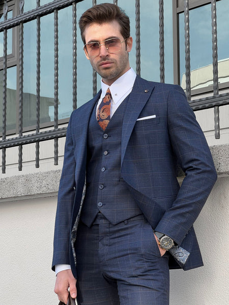 Louis Slim Fit Plaid Navy Business Suit | BOJONI