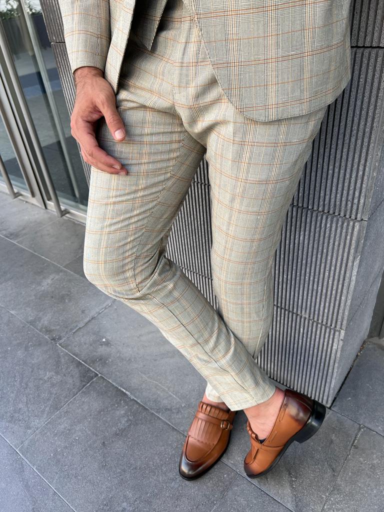 Ace Slim Fit Plaid Beige Striped Suit | BOJONI