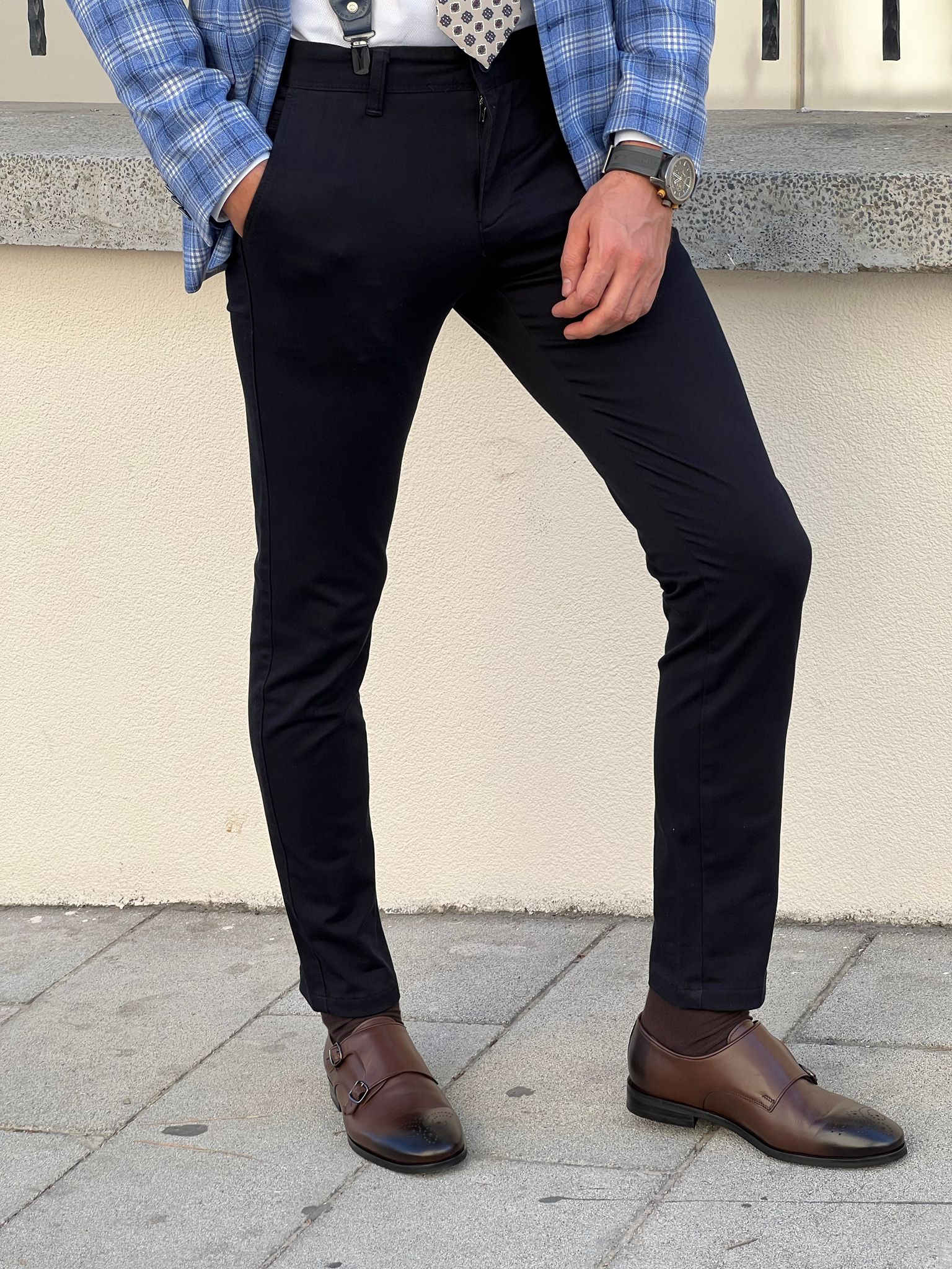 Bojoni Astoria Slim Fit High Quality Dark Blue Patterned Anthracite Pants