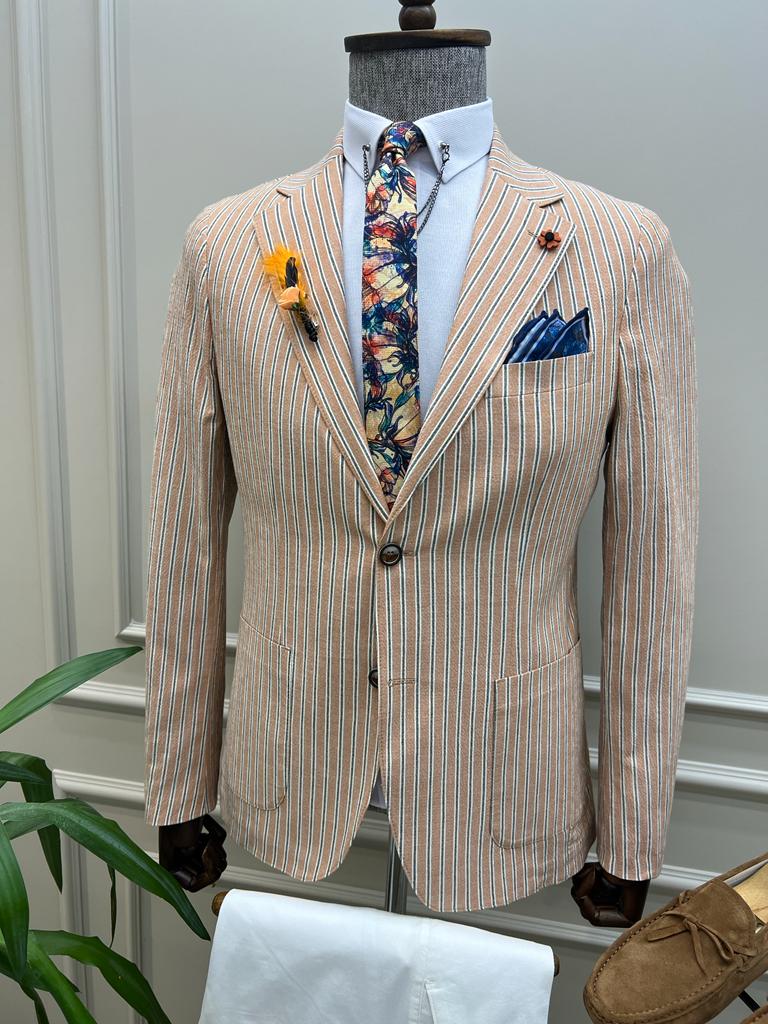 Giovanni Mannelli Slim Fit Striped Camel Blazer