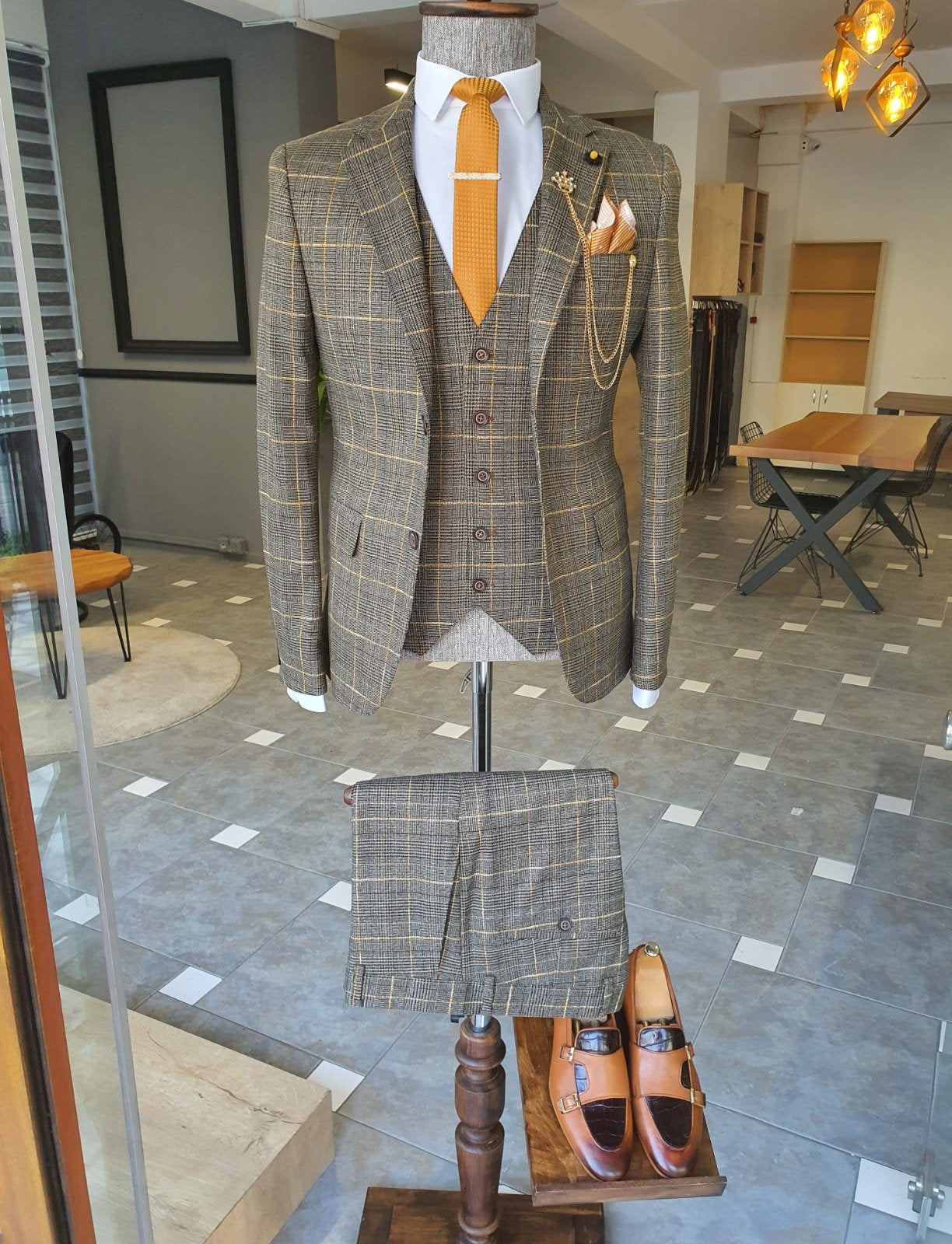 Giotto Khaki Slim Fit Notch Lapel Plaid Suit-baagr.myshopify.com-suit-BOJONI