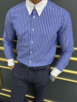 Load image into Gallery viewer, Bojoni Uluwatu Slim Fit Italian Collar Striped Blue Shirt
