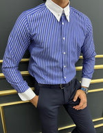 Load image into Gallery viewer, Bojoni Uluwatu Slim Fit Italian Collar Striped Blue Shirt
